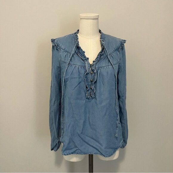 Anthropologie Maeve Chambray Ruffle Long Sleeve Top - Picture 4 of 15